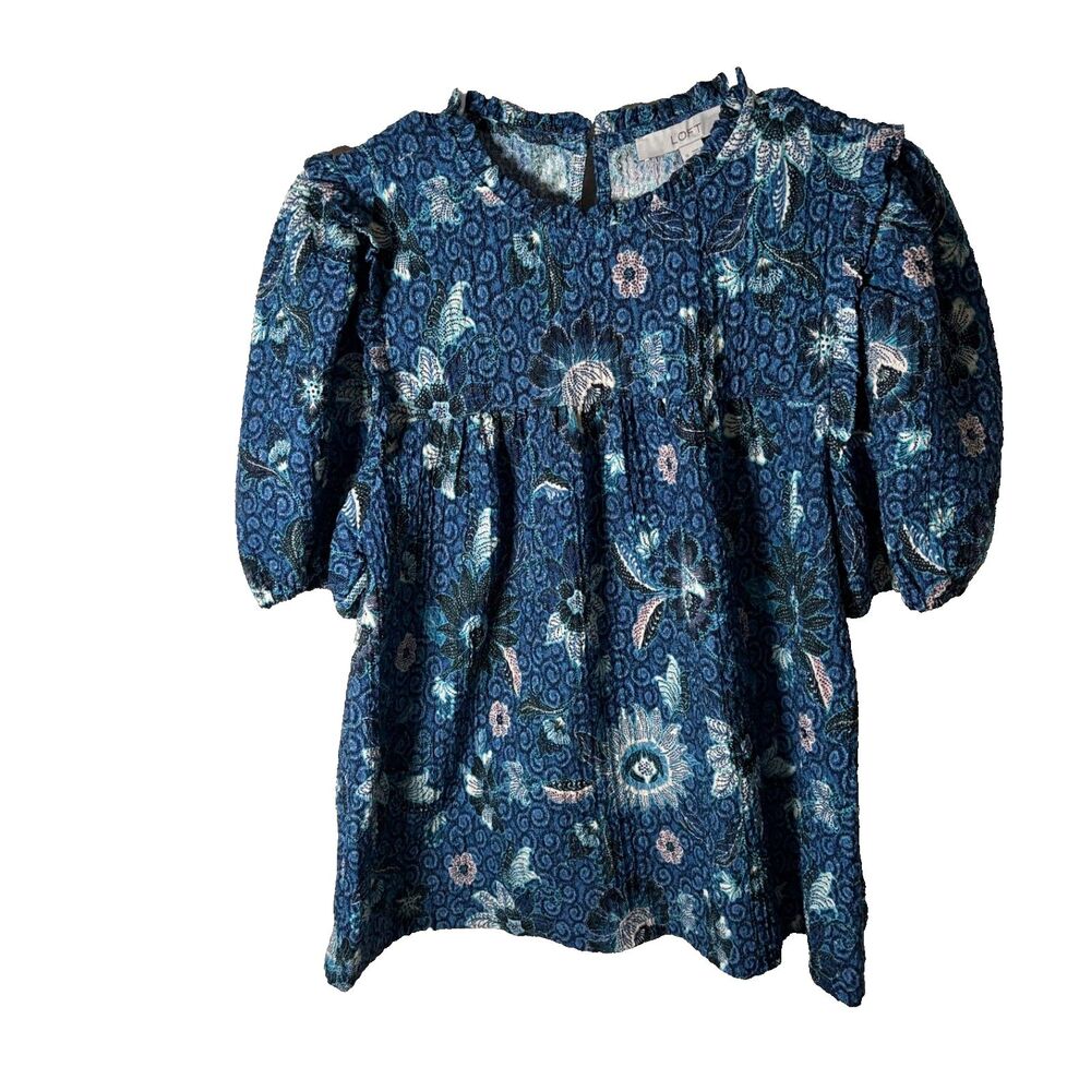 Loft Blouse Women's Medium Puff Sleeve Blue Printed Textured Shirt Casual